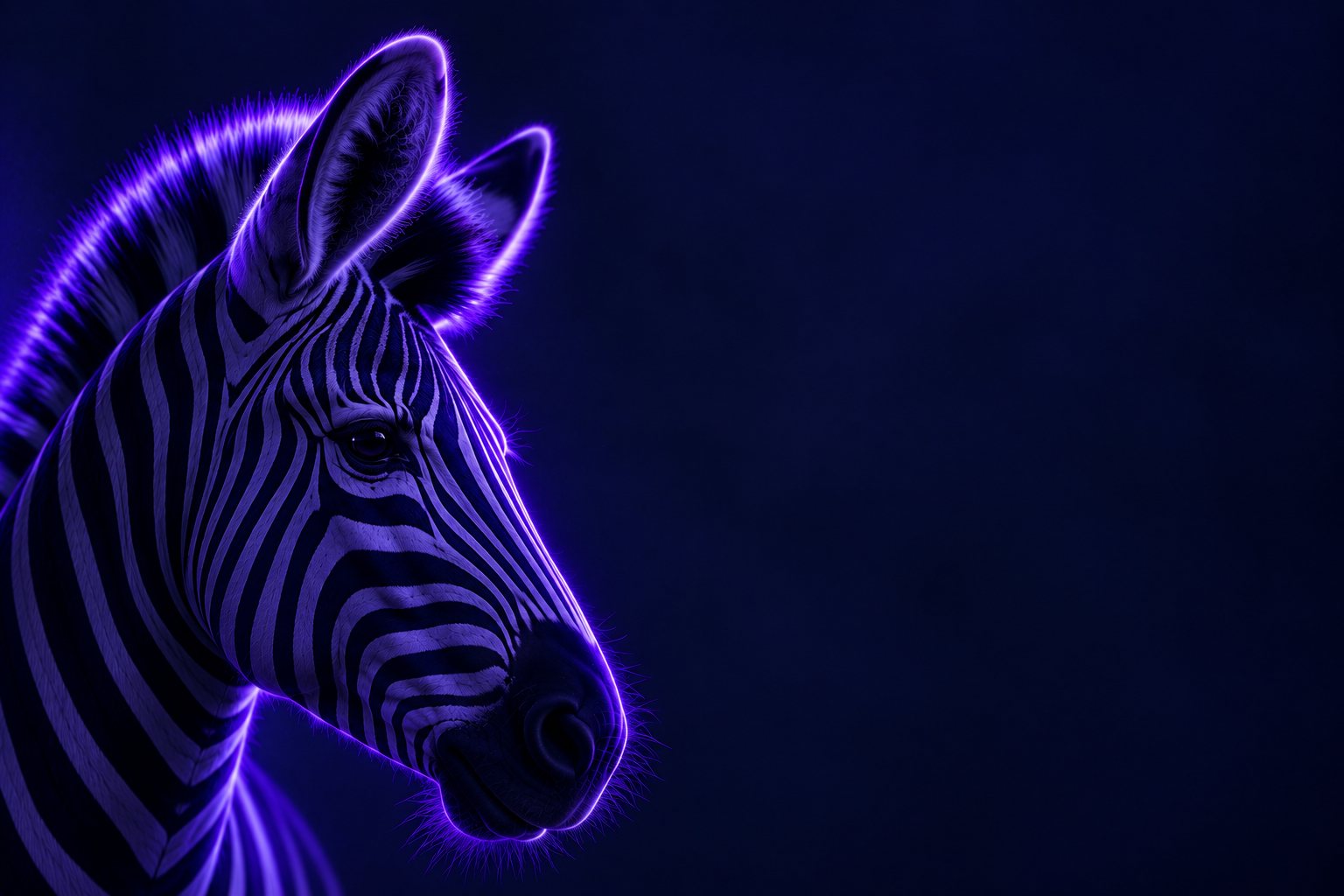 A zebra lit in purple against a midnight background, facing into open space