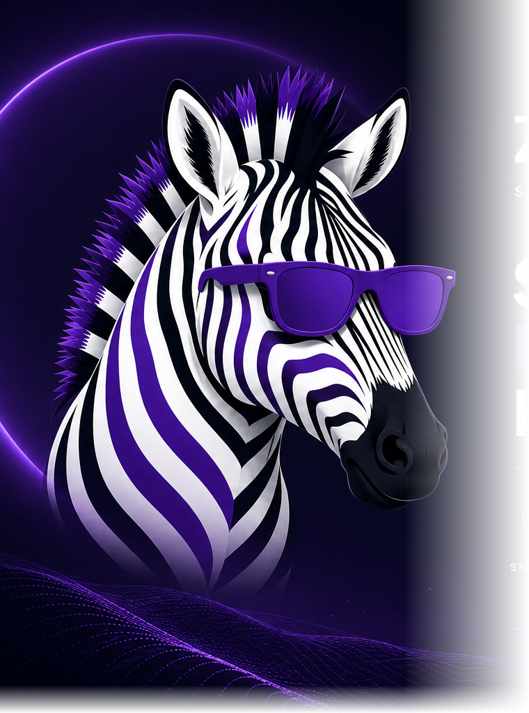 Zegress.Ai mascot — zebra wearing purple sunglasses